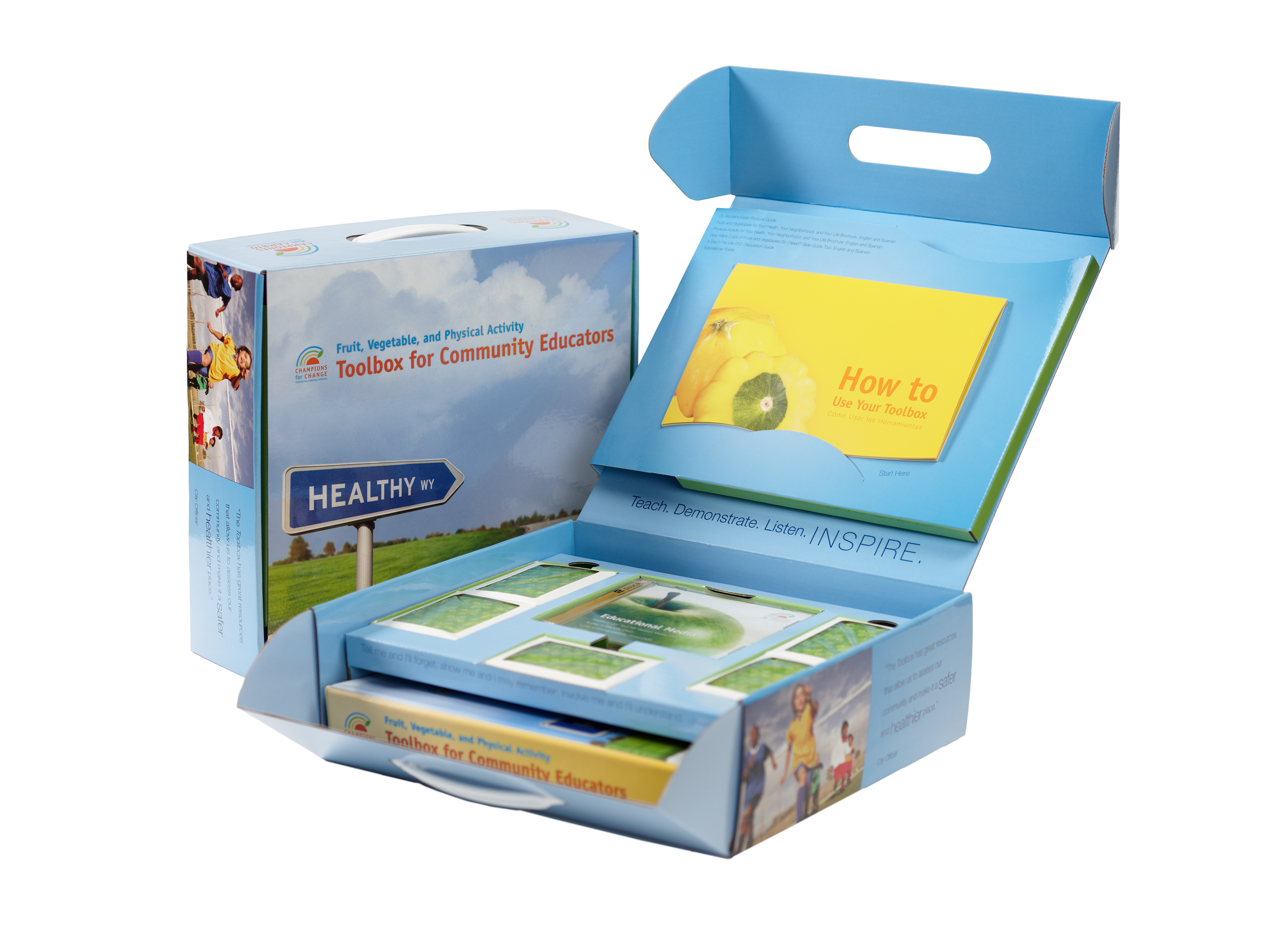 Print and box design for a 'Toolkit for Community Educators'. Its main colors are light blue, light green, and bright yellow.