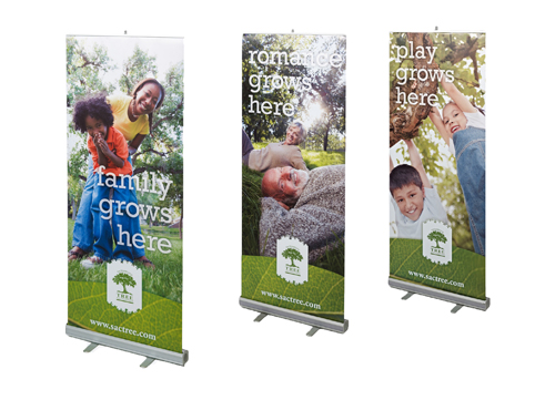 Three different Sacramento Tree Foundation scrolling banners, each featuring kids or adults of various ages with trees in the background.