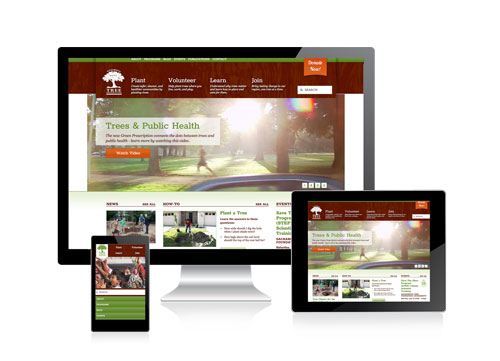 Collage of three different screen types and how the Sacramento Tree Foundation website appears on each.
