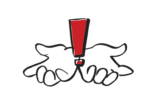 Animated graphic illustration in black and white of two hands palm up and a red exclamation point hovering and bouncing above them.