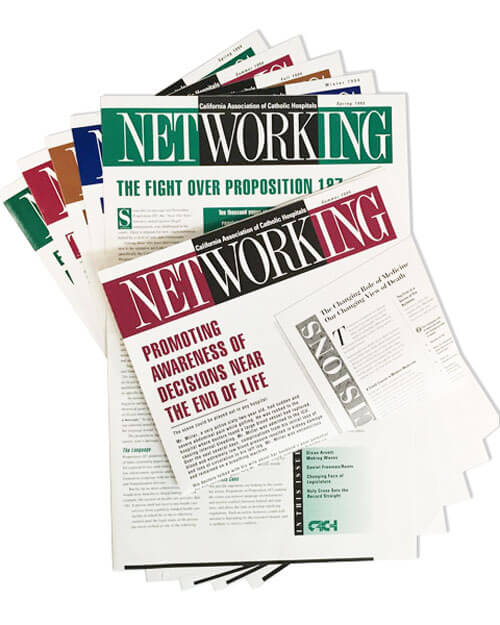 Small stack of newsletters, with each issue cover featuring a different color.
