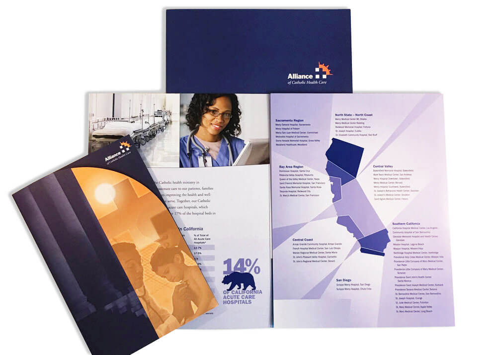 Alliance of Catholic Health Care brochure, and folder in dark blue, purple, and orange.