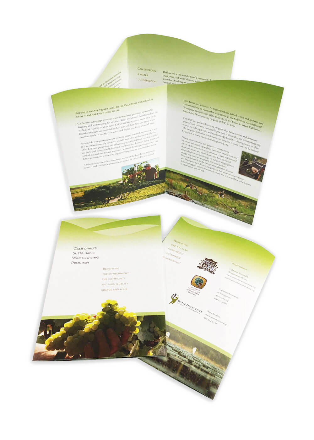 A brochure for California's Sustainable Winegrowing Program, featuring folded and partially unfolded versions.