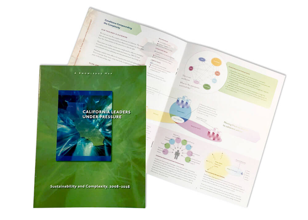 The green and blue cover for a sixteen-page booklet, and and example of a page spread.