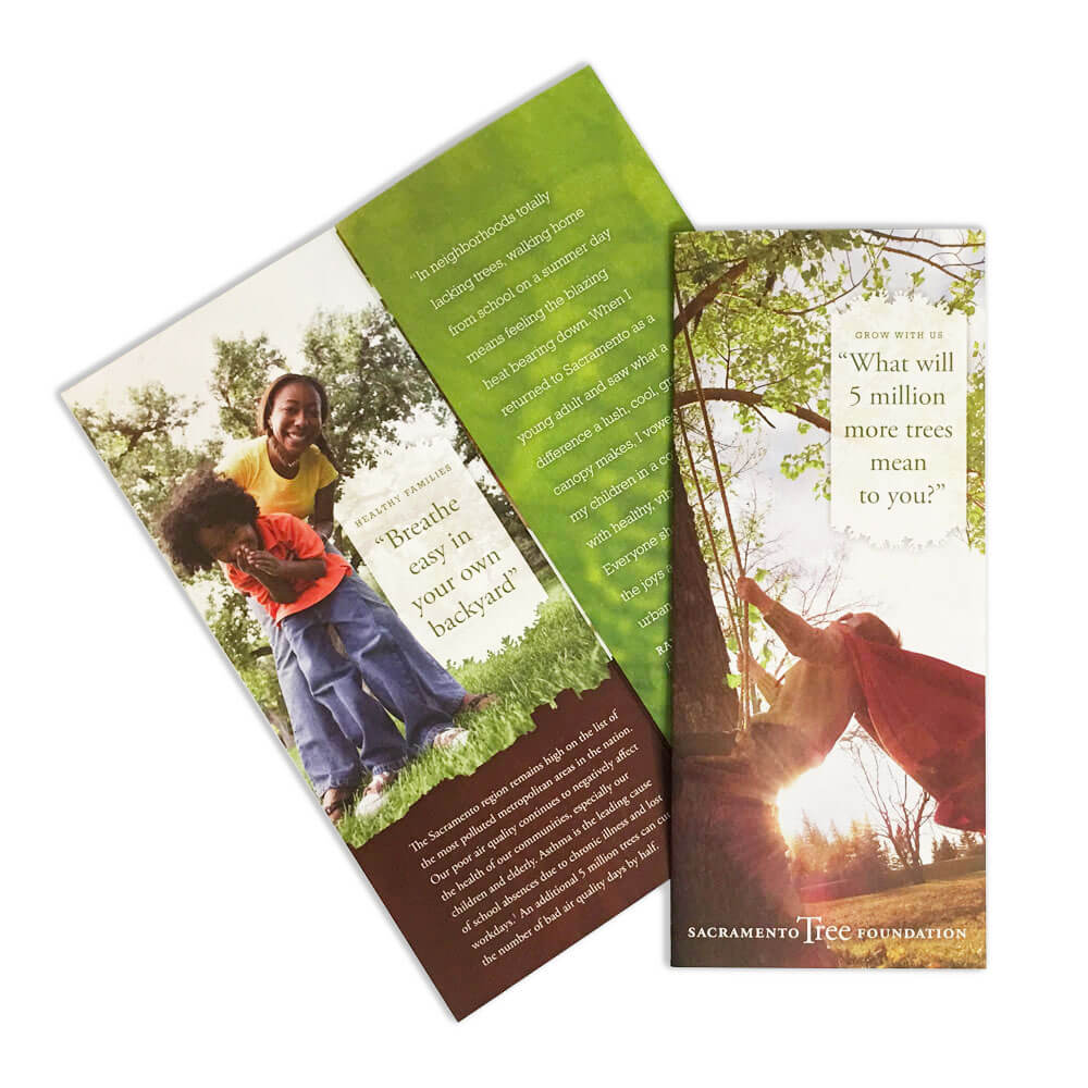 Full-color Sacramento Tree Foundation tri-fold brochure in mostly green and brown.