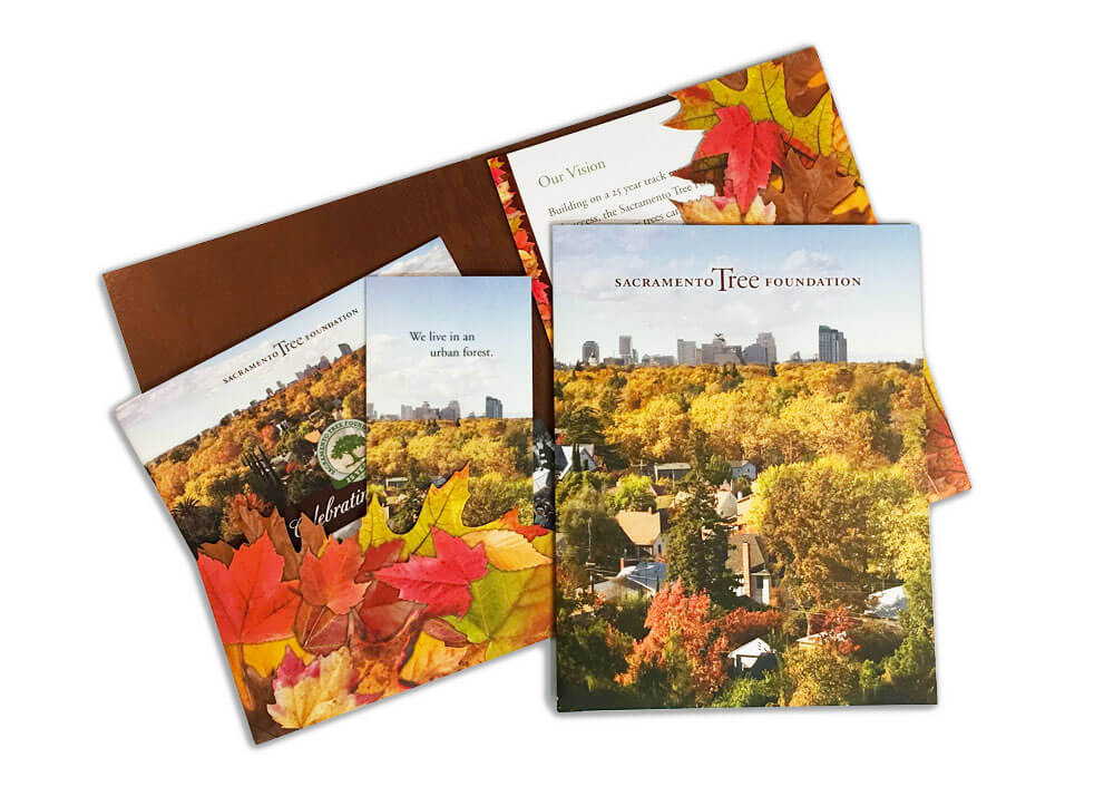Folder with matching brochures that feature trees and leaves in fall colors of red, orange, yellow, and brown.
