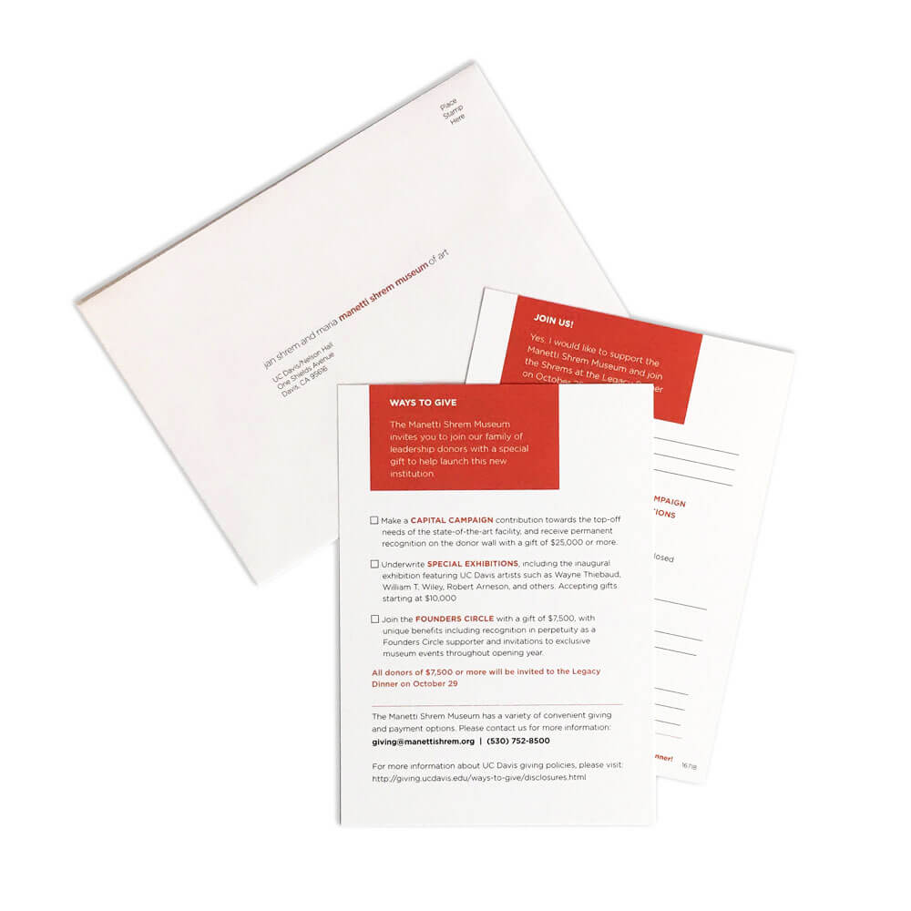 Solicitation cards printed in black and red on white, with matching envelopes