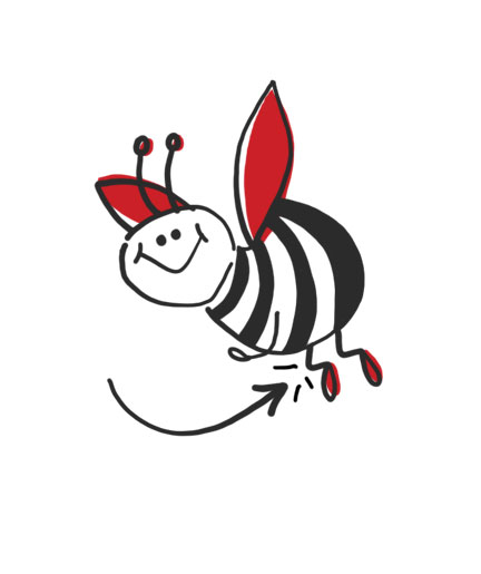 Graphic black and white illustration of a bee with its wings and feet colored in with red and an arrow pointing at its knees.