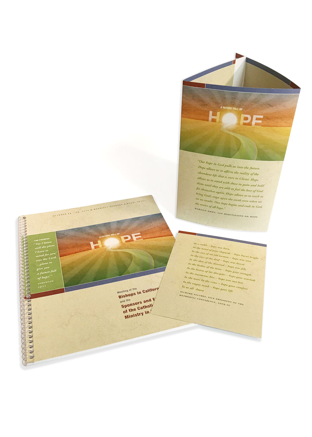 Spiral-bound program, prayer card, and a tri-fold brochure for the Bishop's conference, featuring the word and theme of 'Hope'.