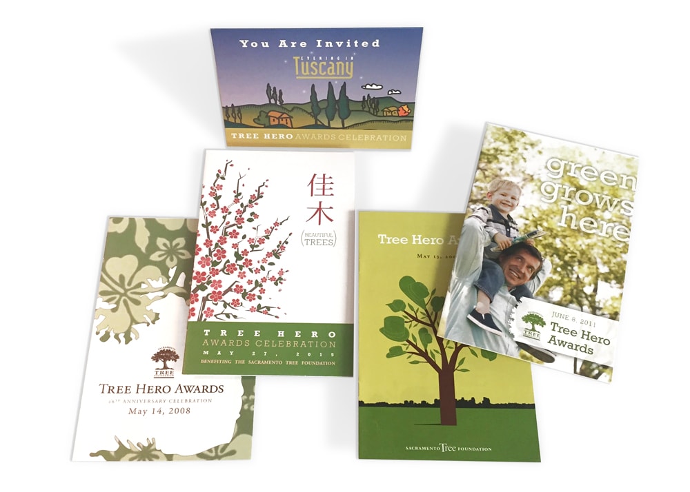 Front covers of various print brochures for the Tree Foundation's Tree Hero Awards.