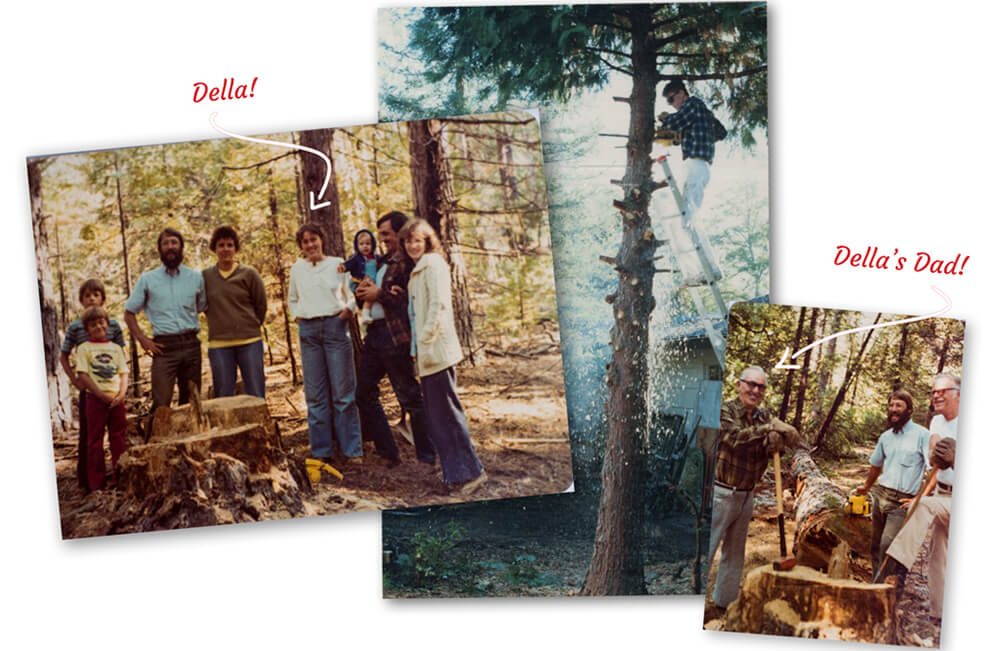 Collage of three images of various family members in the woods, with one arrow and caption labeled 'Della', and another arrow and caption labeled 'Della's Dad'.