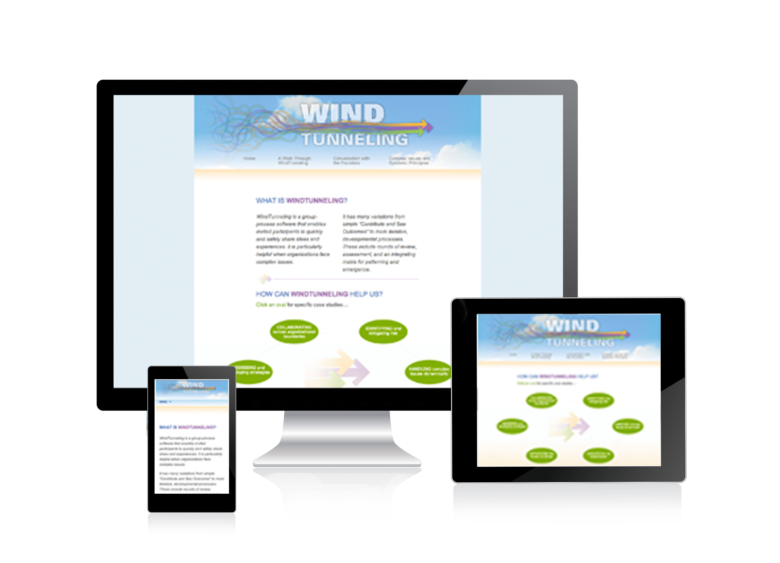 Collage of three different screen types and how the Wind Tunneling website appears on each.