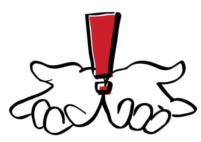 Graphic illustration of a black outline of two hands palm up and a red exclamation point hovering above them.