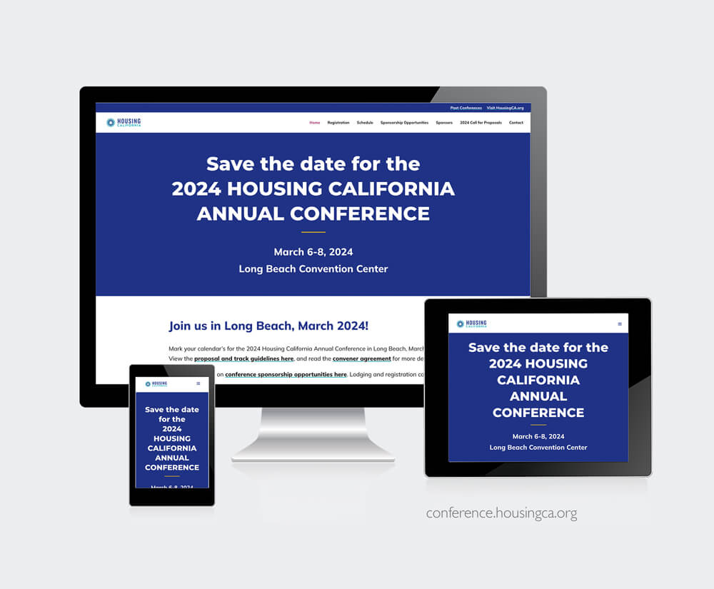 Housing California Conference website preview on various screen