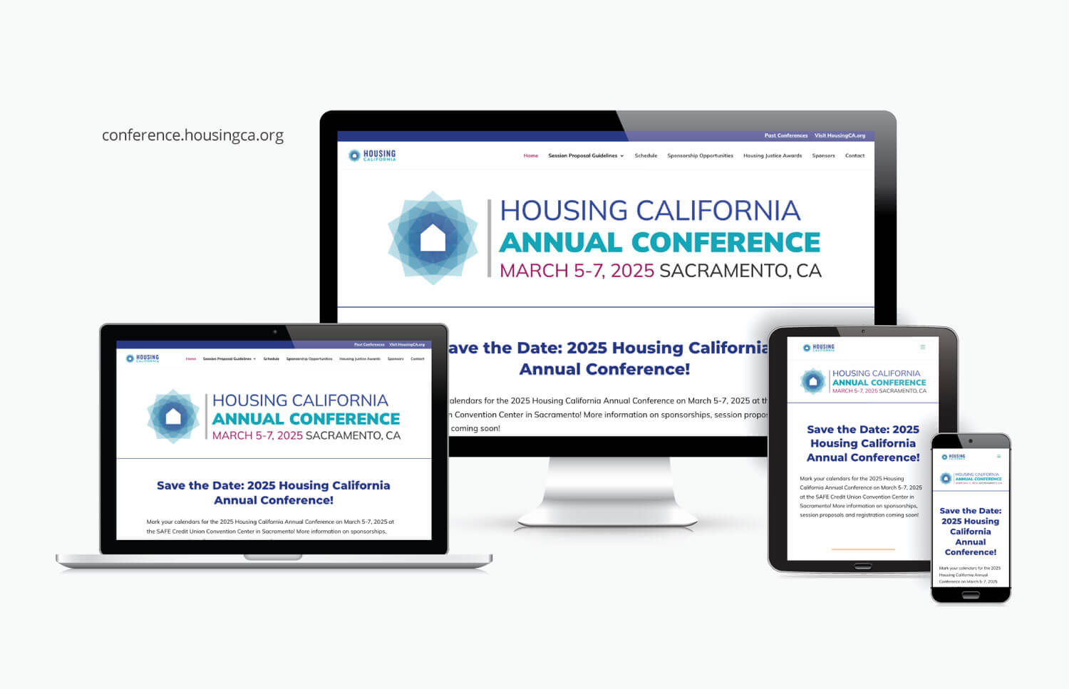 Housing California Conference website preview on various screen sizes